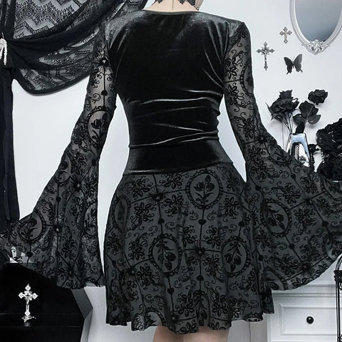 Dark Vintage Gothic Velvet Dresses Grunge Punk Style Flocked Bandage Flare Sleeve Party Dress