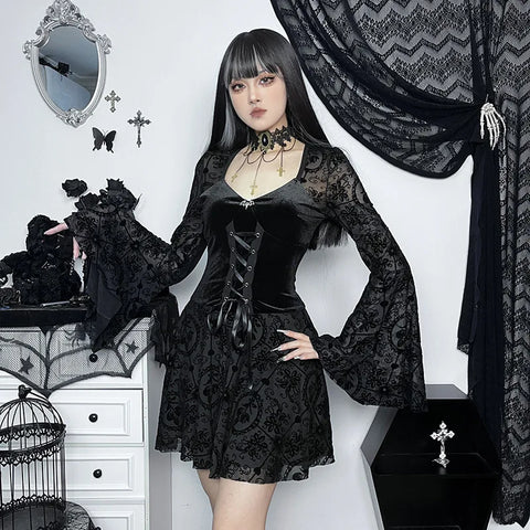 Dark Vintage Gothic Velvet Dresses Grunge Punk Style Flocked Bandage Flare Sleeve Party Dress