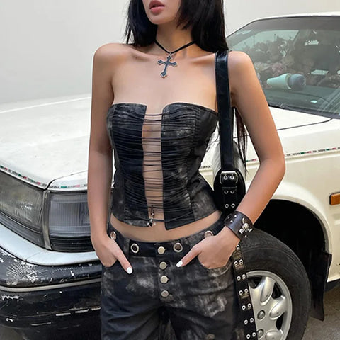 Goth Dark Punk Grunge Strapless Tight Crop Top