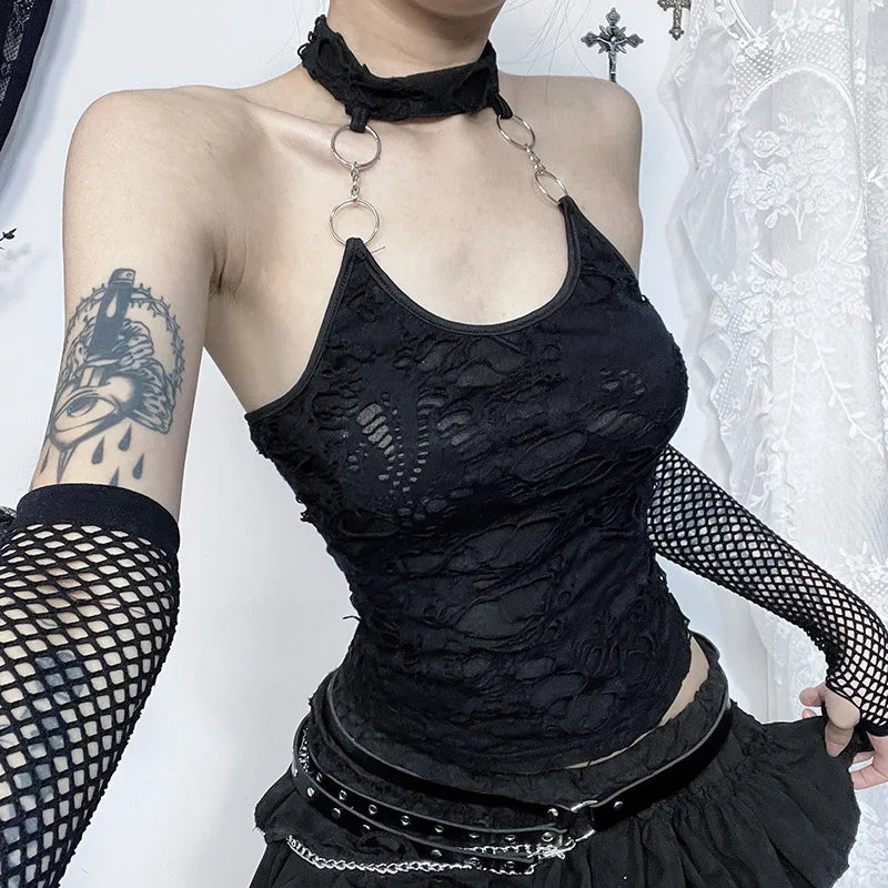 Gothic Halter Cyberpunk Y2K Backless Ring Bodycon Harajuku Sexy Crop Top