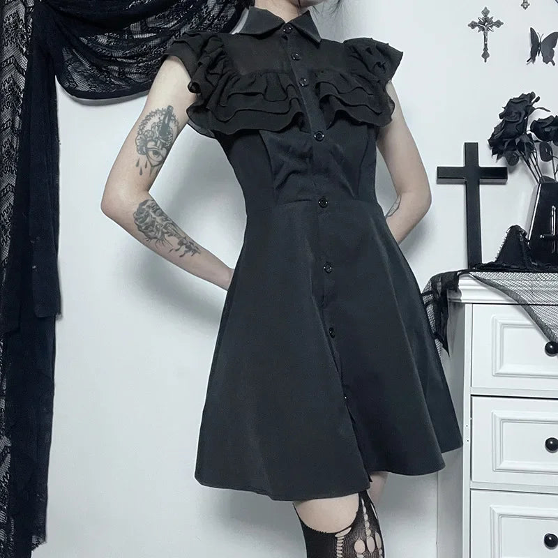 Gothic A-Line E-Girl Party Patchwork Dress Black Harajuku Sexy Mesh Slim Grunge Streetwear Mall Aesthetic Dress