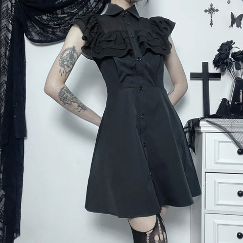 Gothic A-Line E-Girl Party Patchwork Dress Black Harajuku Sexy Mesh Slim Grunge Streetwear Mall Aesthetic Dress