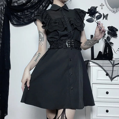 Gothic A-Line E-Girl Party Patchwork Dress Black Harajuku Sexy Mesh Slim Grunge Streetwear Mall Aesthetic Dress