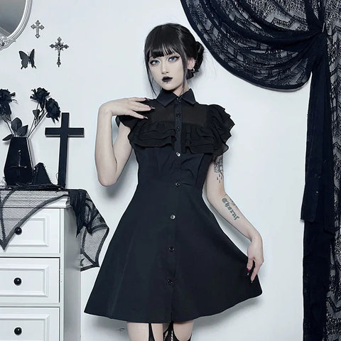 Gothic A-Line E-Girl Party Patchwork Dress Black Harajuku Sexy Mesh Slim Grunge Streetwear Mall Aesthetic Dress