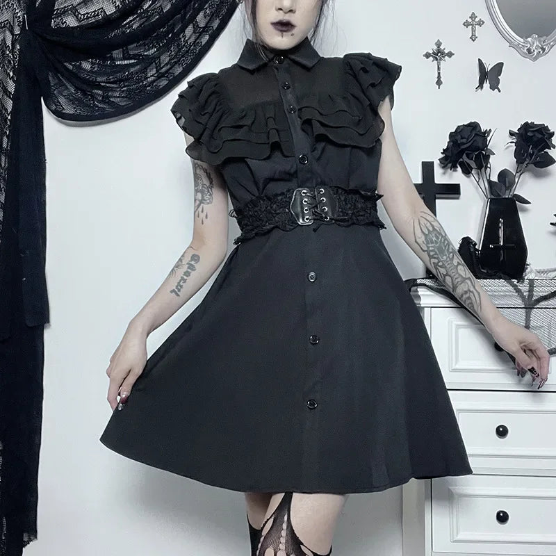 Gothic A-Line E-Girl Party Patchwork Dress Black Harajuku Sexy Mesh Slim Grunge Streetwear Mall Aesthetic Dress