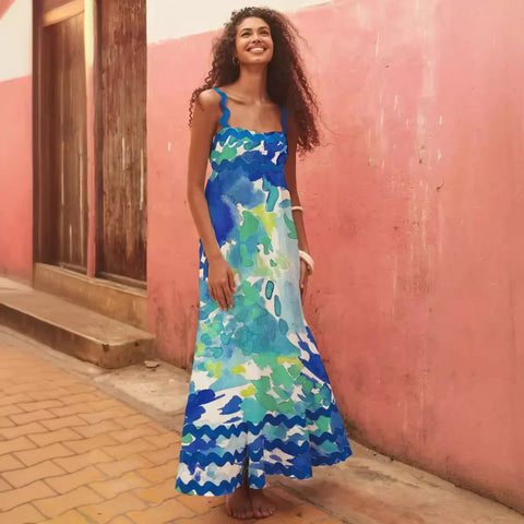 Holiday Digital Printed Long Women Fashion Summer Elegant A- Line Vintage Sling Maxi Dress