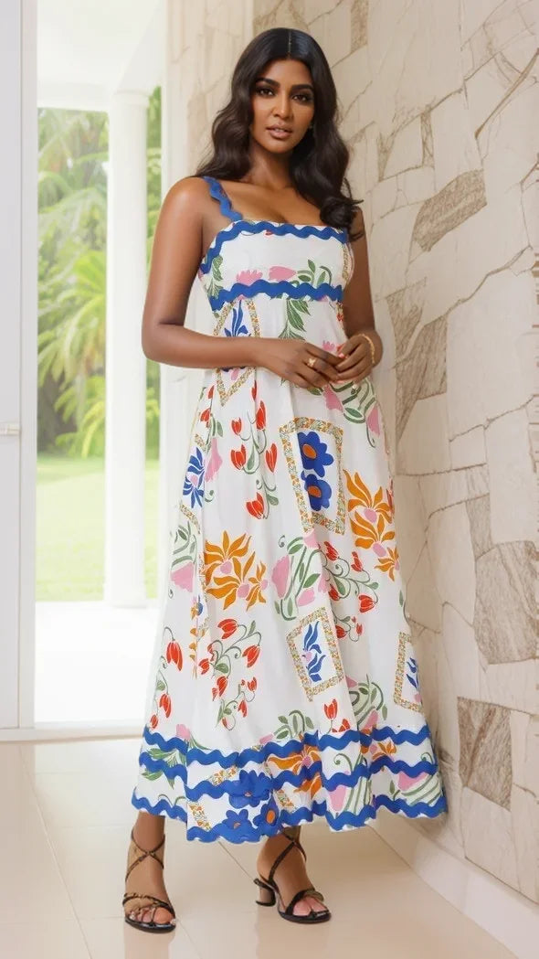 Holiday Digital Printed Long Women Fashion Summer Elegant A- Line Vintage Sling Maxi Dress