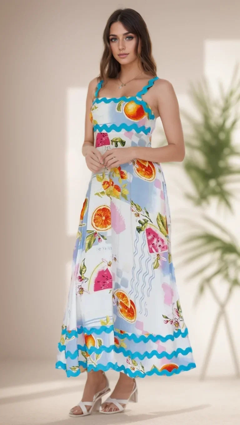 Holiday Digital Printed Long Women Fashion Summer Elegant A- Line Vintage Sling Maxi Dress