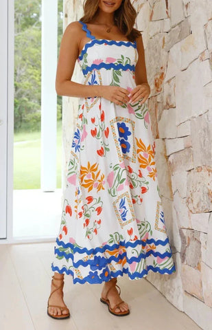 Holiday Digital Printed Long Women Fashion Summer Elegant A- Line Vintage Sling Maxi Dress