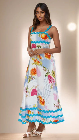 Holiday Digital Printed Long Women Fashion Summer Elegant A- Line Vintage Sling Maxi Dress