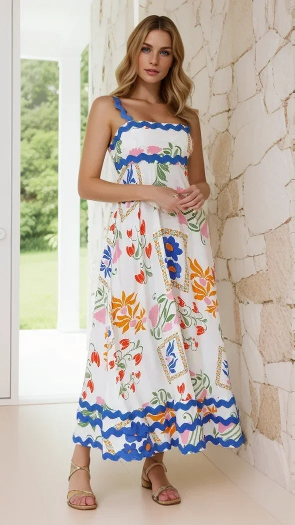 Holiday Digital Printed Long Women Fashion Summer Elegant A- Line Vintage Sling Maxi Dress