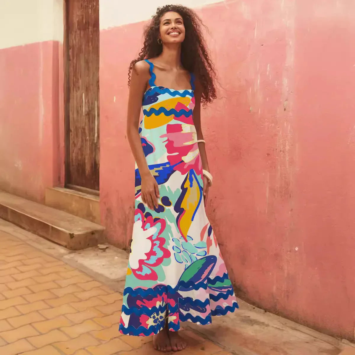 Holiday Digital Printed Long Women Fashion Summer Elegant A- Line Vintage Sling Maxi Dress