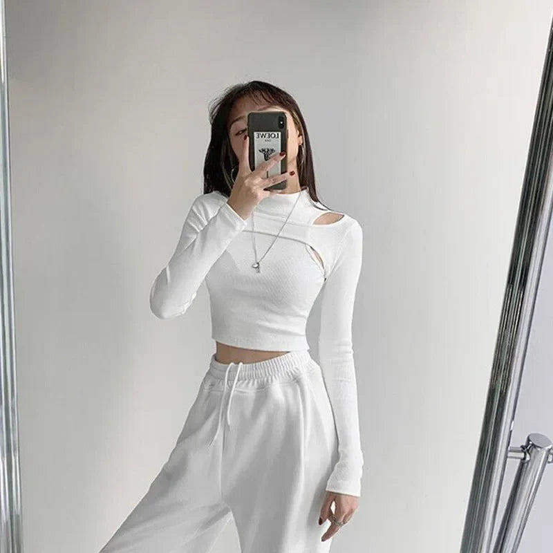 Hollow Knitted Two-piece Crop Top Long Sleeve Tee