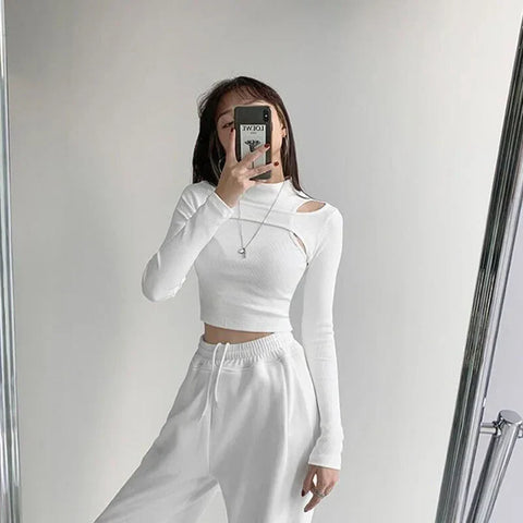 Hollow Knitted Two-piece Crop Top Long Sleeve Tee