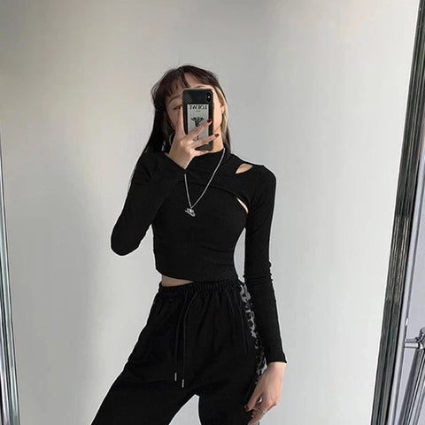 Hollow Knitted Two-piece Crop Top Long Sleeve Tee