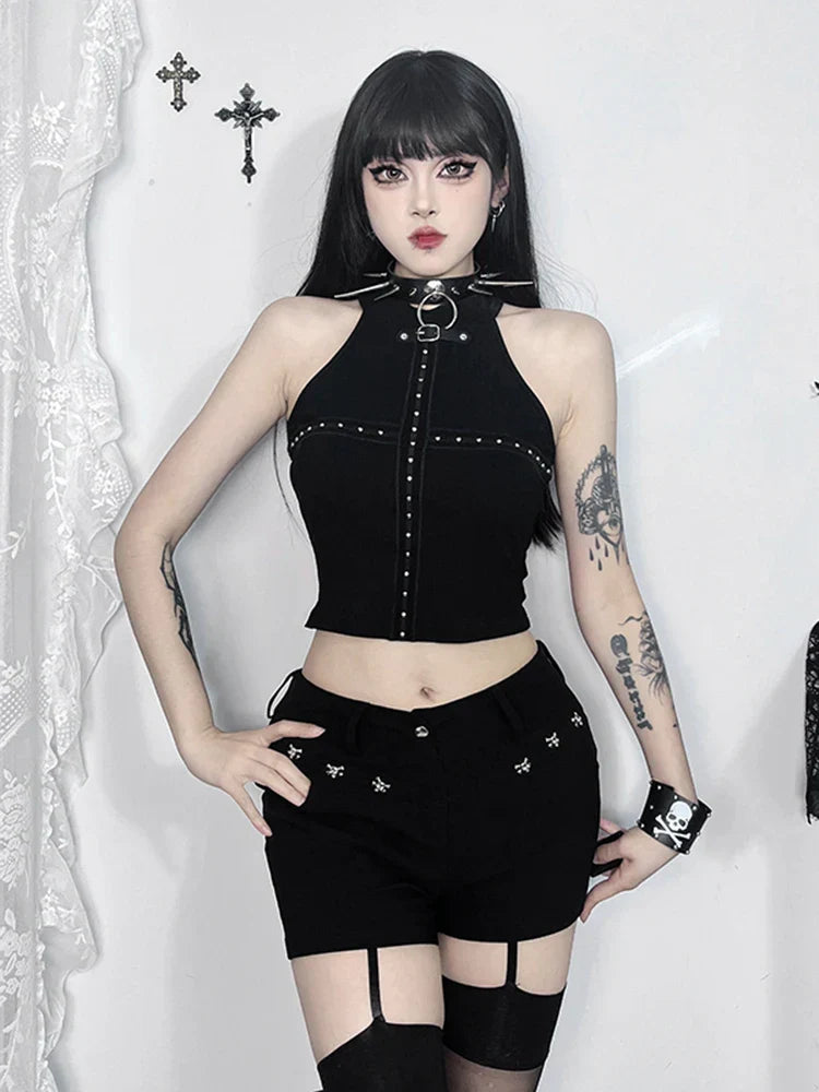 Gothic Punk Summer Knit Black Crop Bodycon Sleeveless Harajuku Sexy Darkness Halter Top