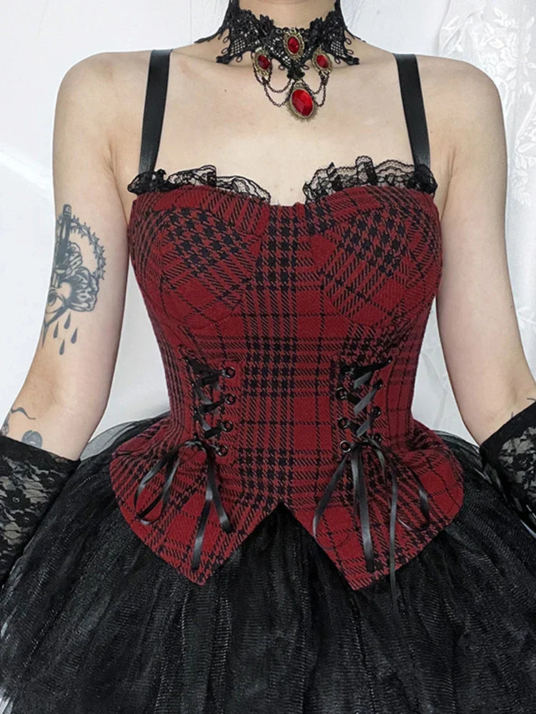 Red Cropped Plaid Crop Patchwork Bandage Mall Sleeveless Aesthetic Goth Top