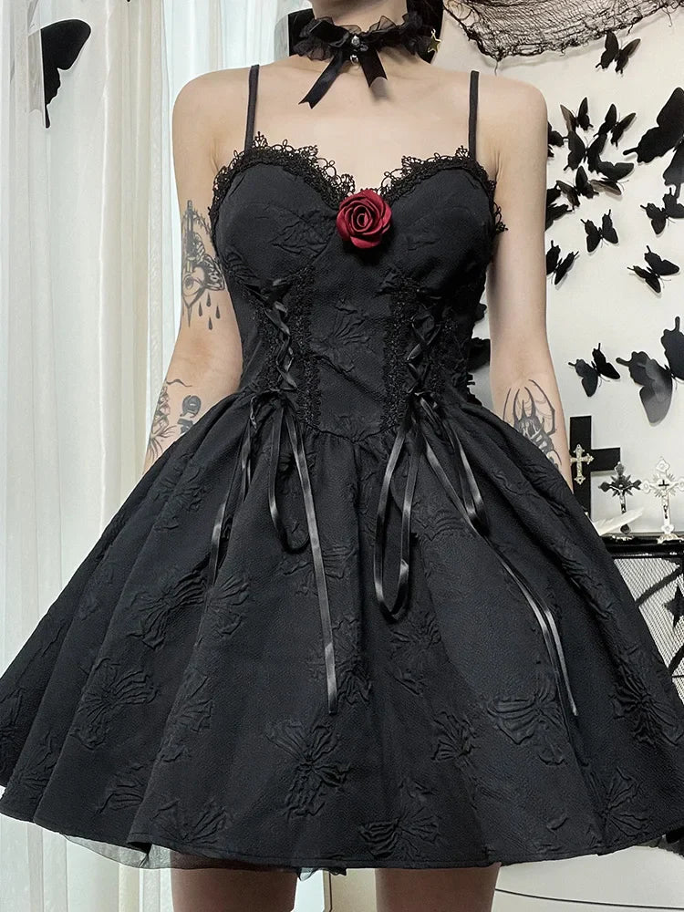 Goth Print Rose Lace Up A Fairy Grunge Backless V Neck Summer Party Dress