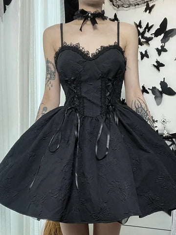 Goth Print Rose Lace Up A Fairy Grunge Backless V Neck Summer Party Dress