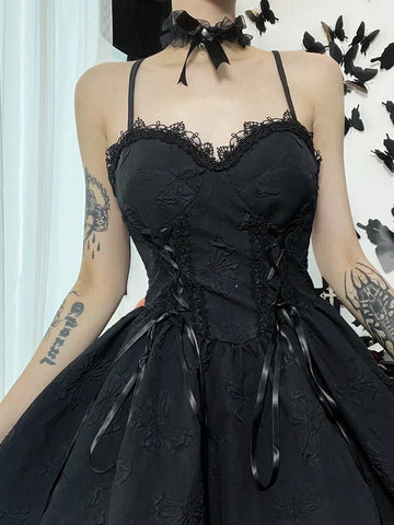 Goth Print Rose Lace Up A Fairy Grunge Backless V Neck Summer Party Dress