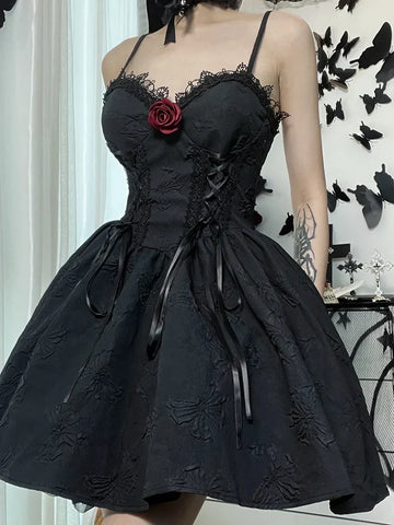 Goth Print Rose Lace Up A Fairy Grunge Backless V Neck Summer Party Dress