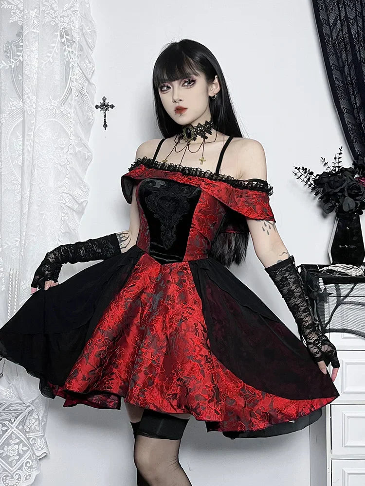 A-Line Off Shoulder Lace Trim Floral Medieval Steampunk Halloween Dress