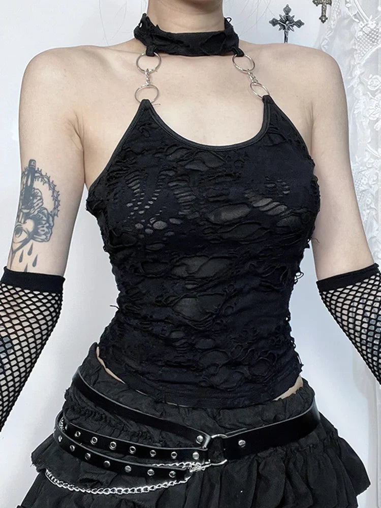 Gothic Halter Backless Y2K Crop Top