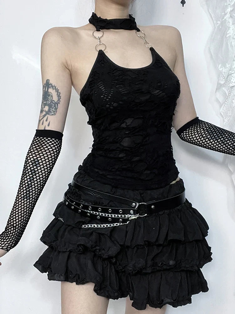 Gothic Halter Backless Y2K Crop Top