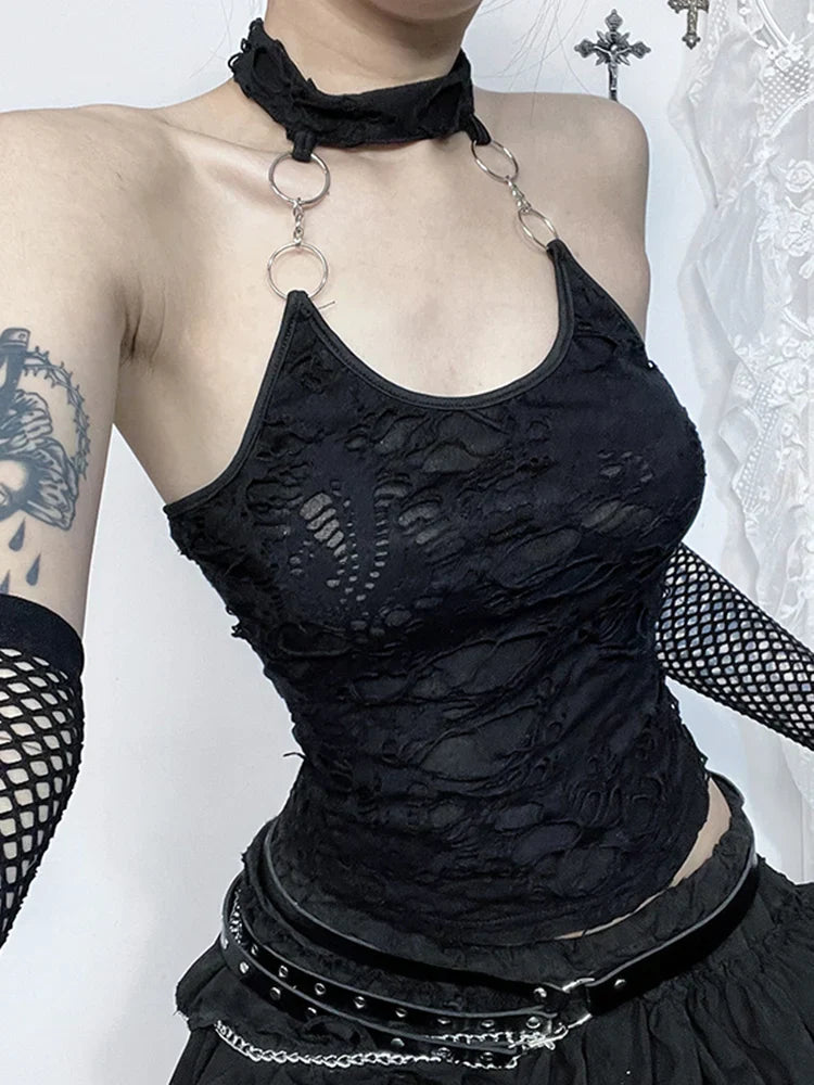 Gothic Halter Backless Y2K Crop Top