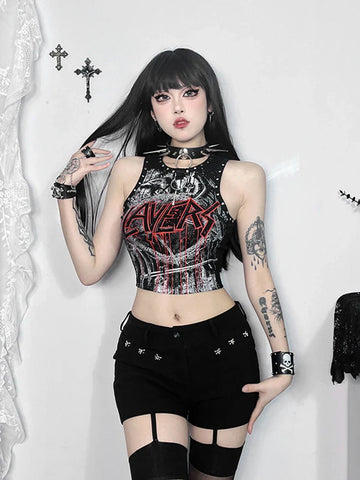 Gothic Retro Rivet Graphic Crop Top