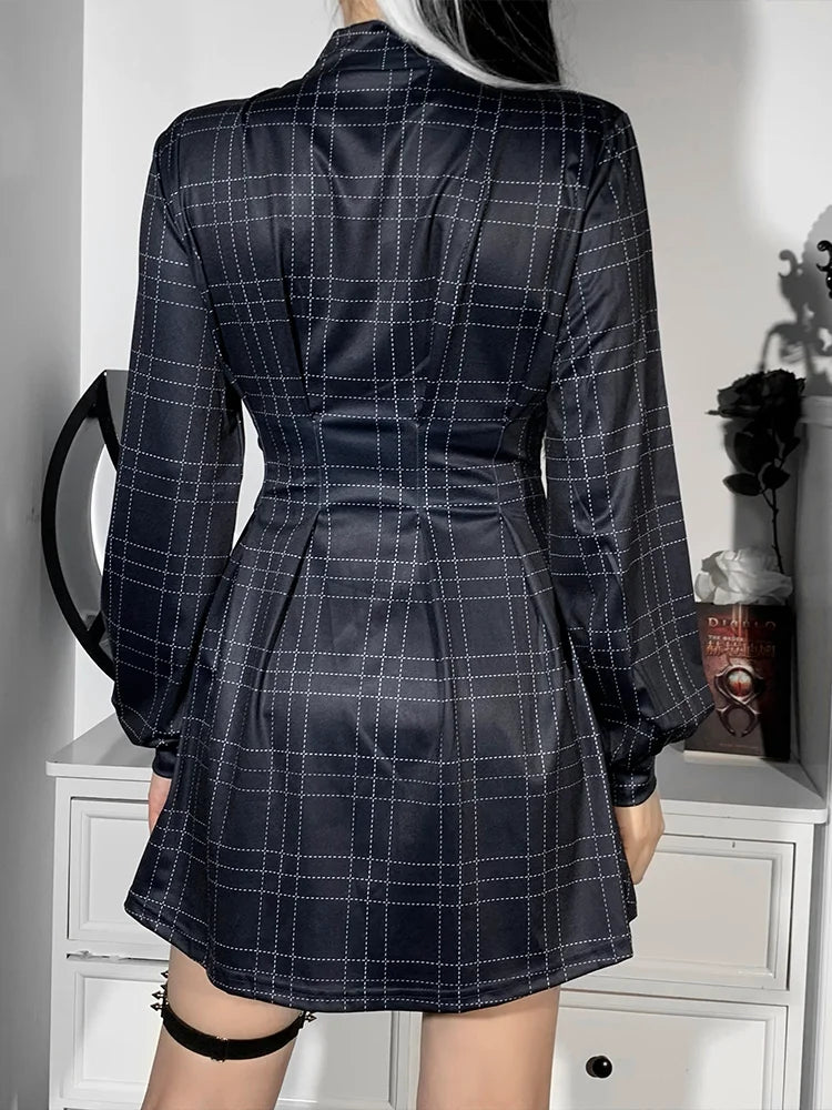 Plaid Turtleneck Pleated Winter A-Line Blue Corset E Cosplay Girl Dark Partywear Sleeve Academy Long Dress