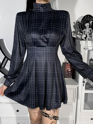 Plaid Turtleneck Pleated Winter A-Line Blue Corset E Cosplay Girl Dark Partywear Sleeve Academy Long Dress