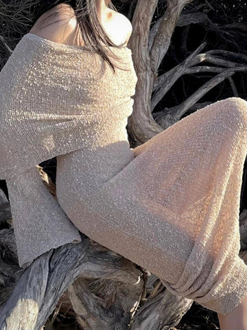 Stylish Knitted Sheer Beach Hollow Out Off-Shoulder Elegant Long Sleeve Maxi Dress