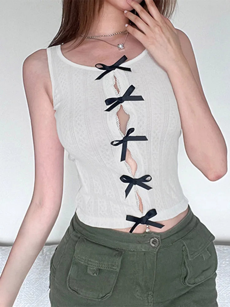 Sweet White Skinny Sleeveless Lace Spliced Split Cute Bow Crop Top