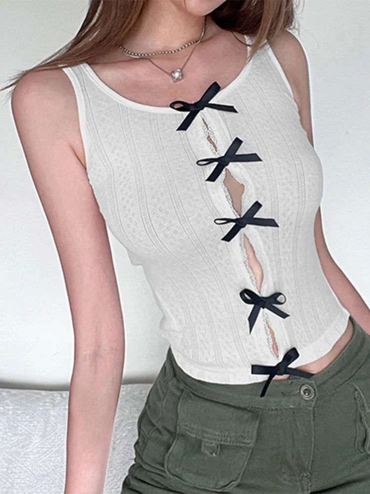 Sweet White Skinny Sleeveless Lace Spliced Split Cute Bow Crop Top