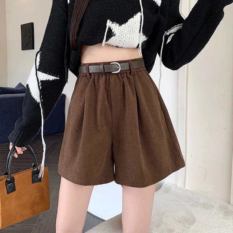 Autumn Winter Corduroy High Waist Wide-leg Fashion Shorts