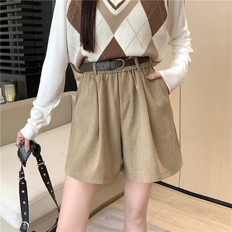 Autumn Winter Corduroy High Waist Wide-leg Fashion Shorts