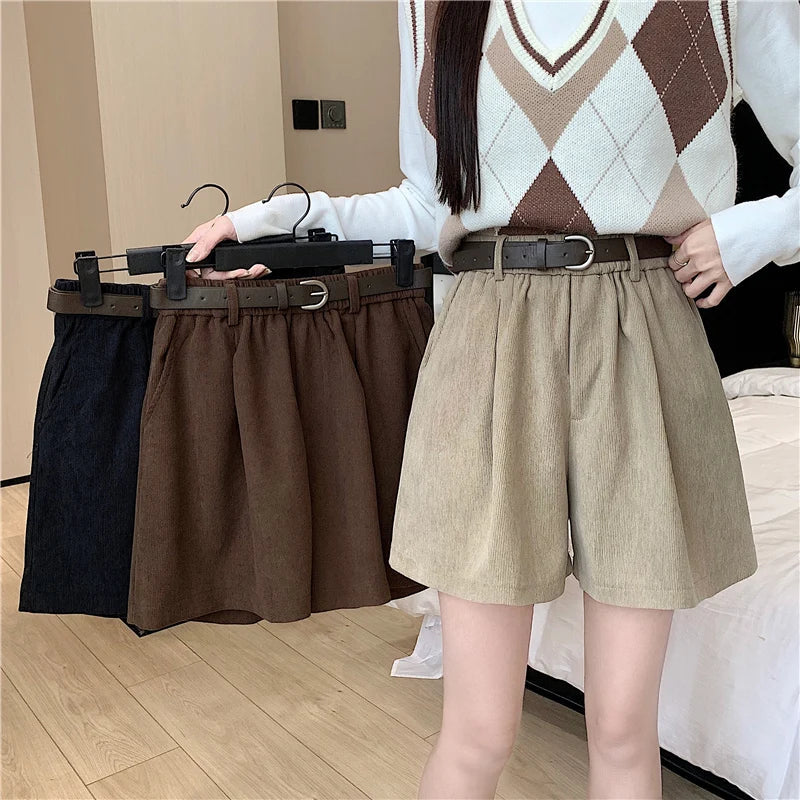 Autumn Winter Corduroy High Waist Wide-leg Fashion Shorts