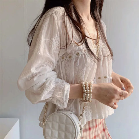 New Floral V-neck Sweet White Clothes Tops Blouse