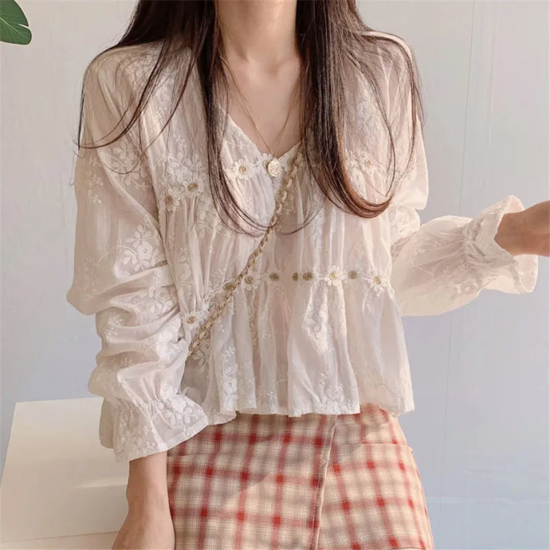 New Floral V-neck Sweet White Clothes Tops Blouse