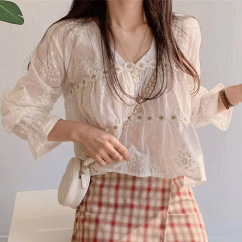 New Floral V-neck Sweet White Clothes Tops Blouse