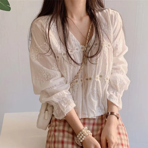 New Floral V-neck Sweet White Clothes Tops Blouse