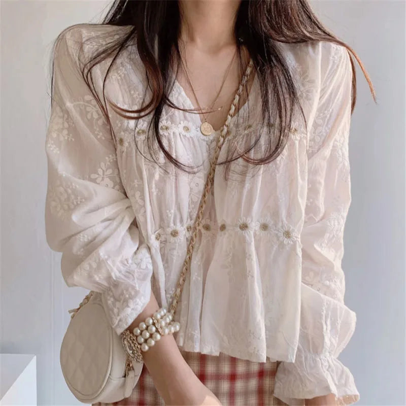 New Floral V-neck Sweet White Clothes Tops Blouse