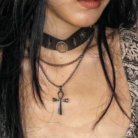 Brown Leather Layered Cross Choker with Roman Rivets