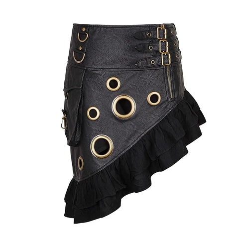 Steam Flounce Kilt Texture Coarse-grain PU Leather Symmetrical Rock Vintage Knee Length Party