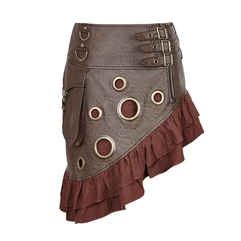 Steam Flounce Kilt Texture Coarse-grain PU Leather Symmetrical Rock Vintage Knee Length Party