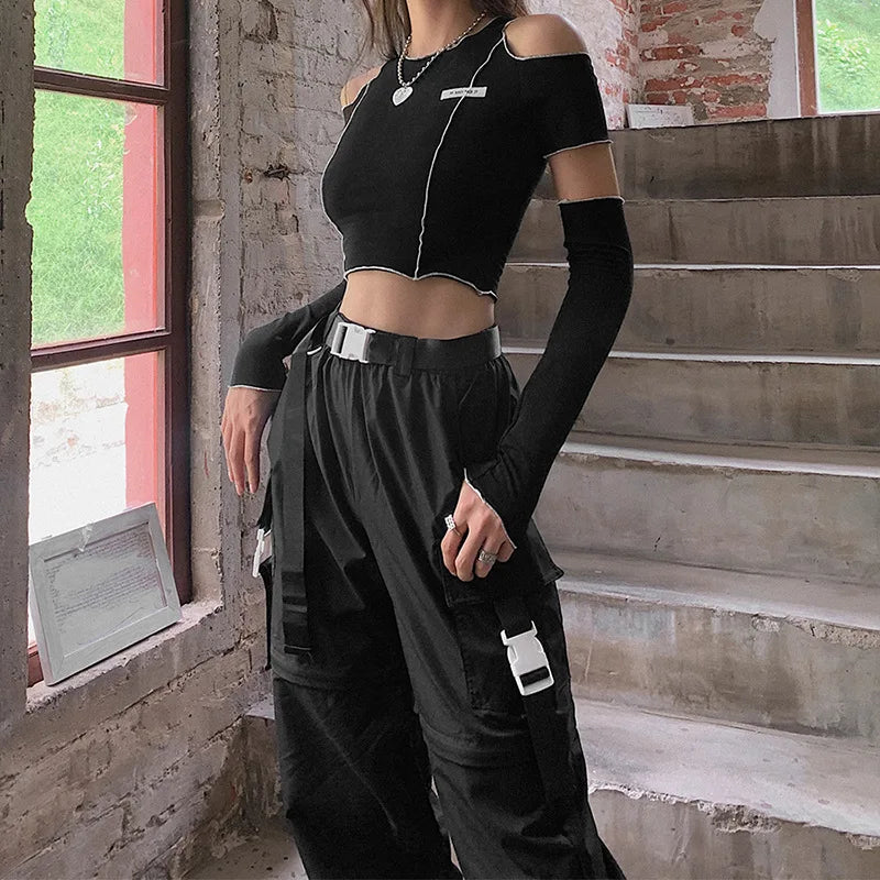 Patchwork Black T-shirts One Shoulder Crop Top