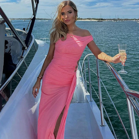 Pink Hollow Out Summer Sexy Inclined Shoulder Asymmetrical Sleeveless Elegant Slit Party Maxi Dress