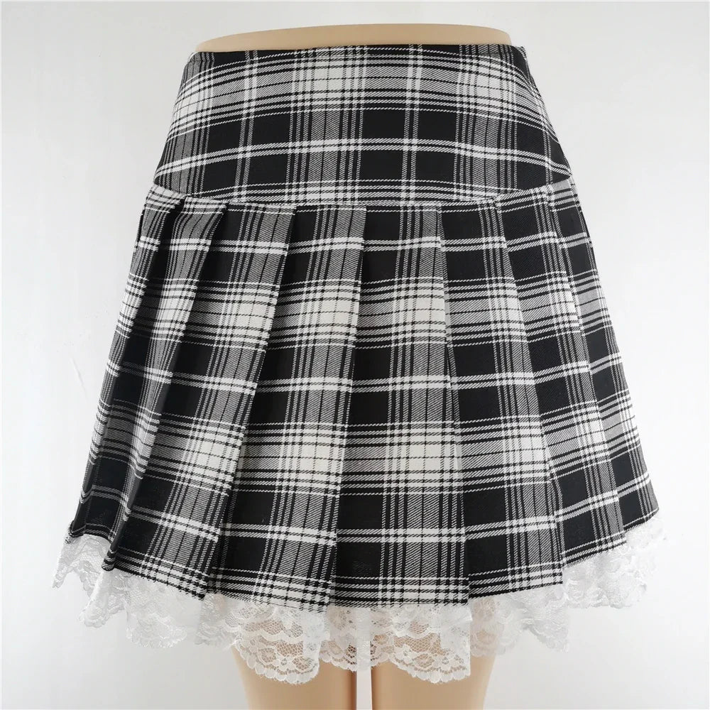 Plaid New Contrast Lace Pleated Vintage Sexy Skater Clothes Harajuku England Style Y2K Skirt