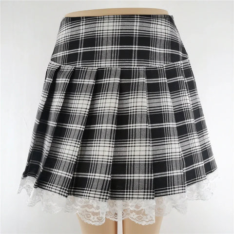 Plaid New Contrast Lace Pleated Vintage Sexy Skater Clothes Harajuku England Style Y2K Skirt